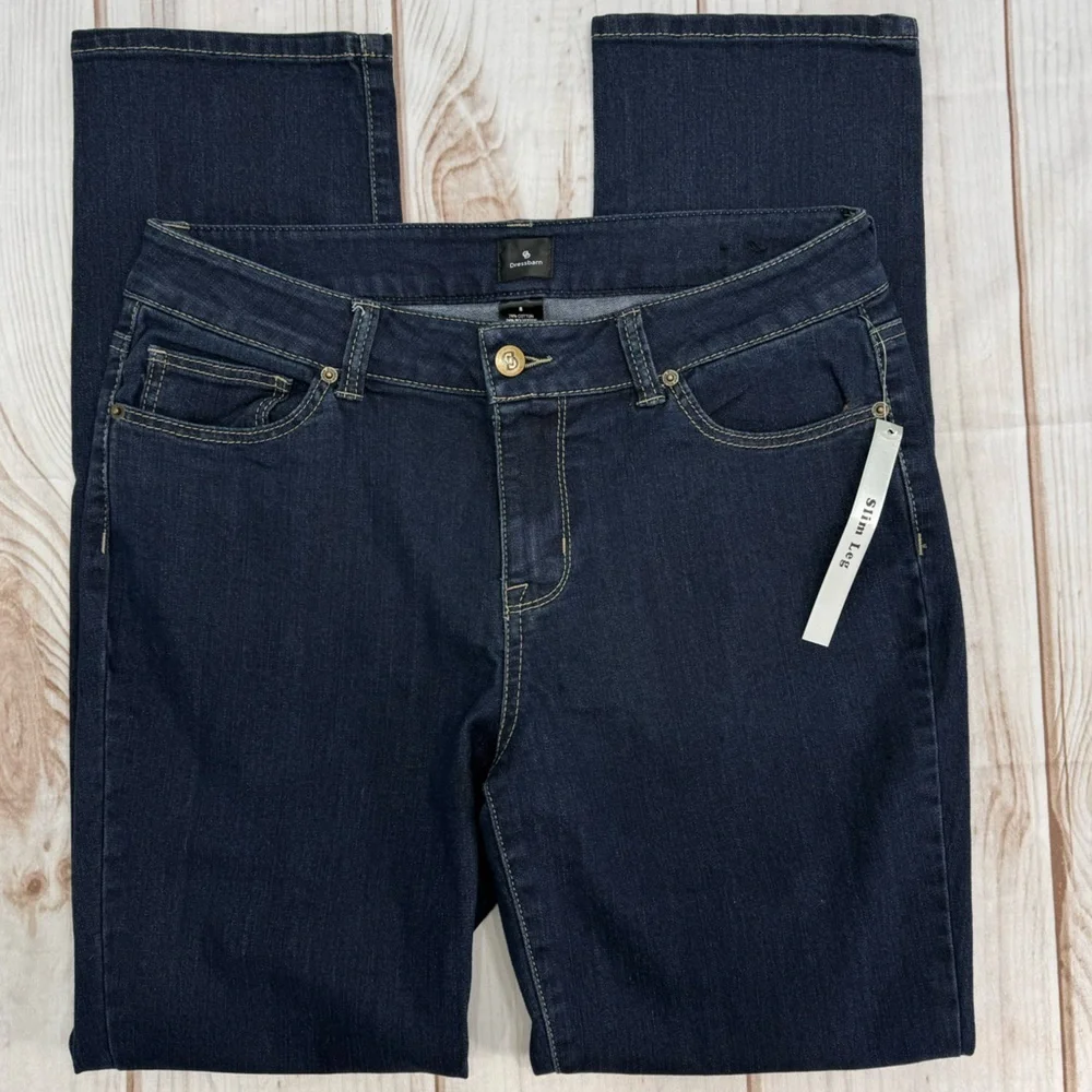 Dress Barn Slim Leg High Rise Dark Wash Denim Classic 5 Pocket Jeans Size 8 NEW - Picture 1 of 8